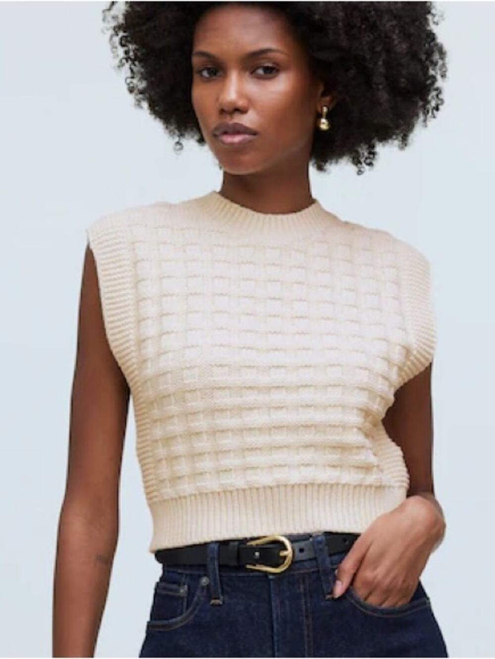 Madewell Checkered Stitch Sweater Vest Antique Cream Cotton Blend Sz S
